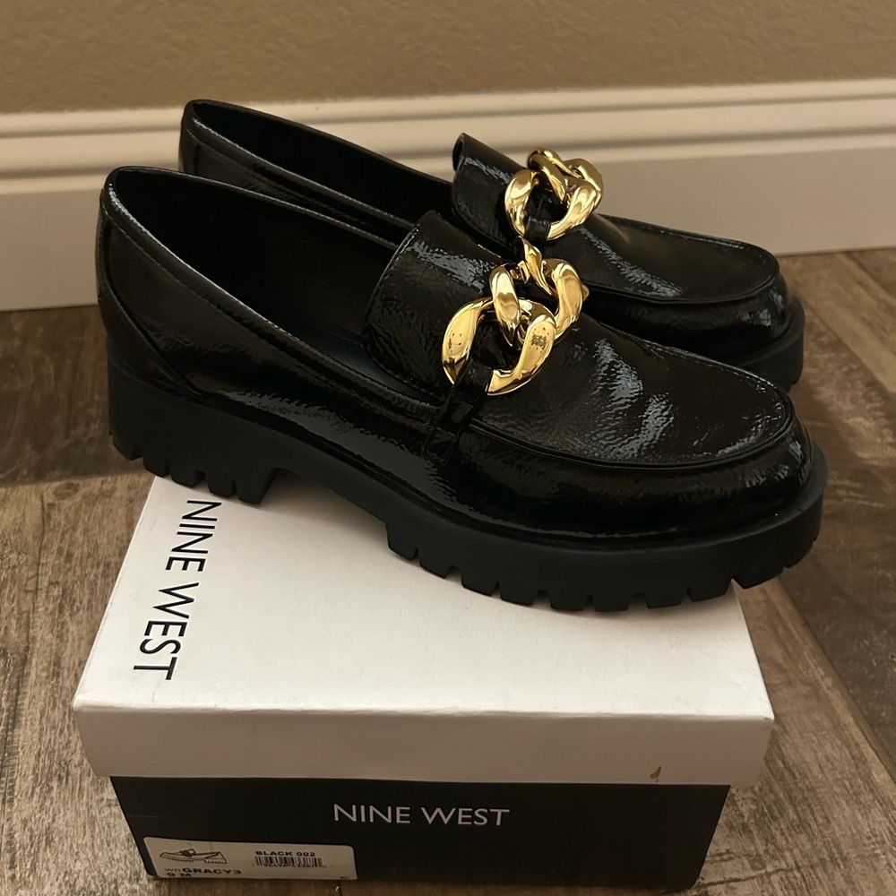 Nine West Gracy Glossy Black Loafers with Bold Gold Accent